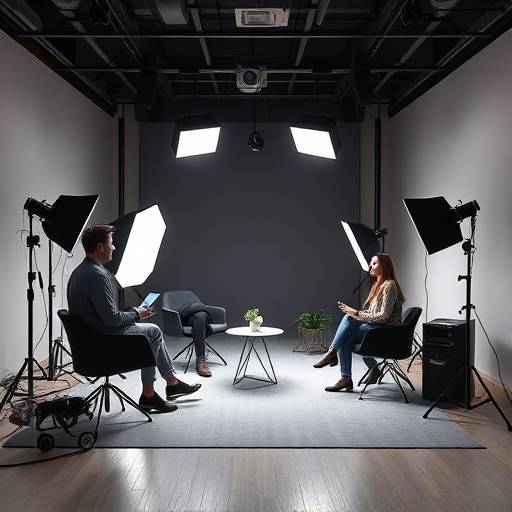 Et moderne interviewstudie med professionelt lys og lydudstyr.
