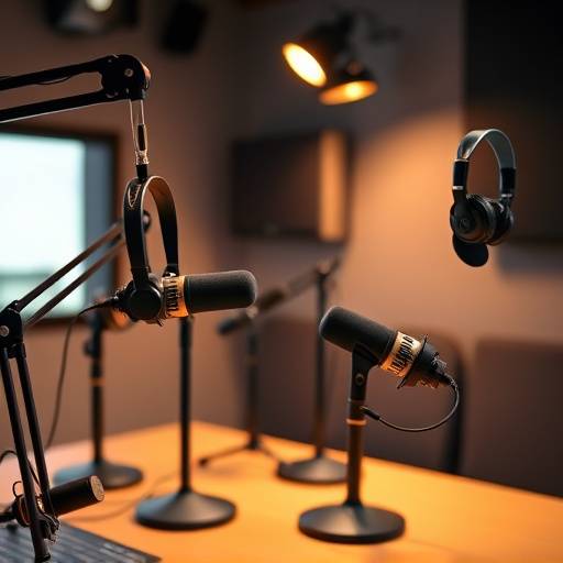 Et podcast studie med professionelle mikrofoner og headset.