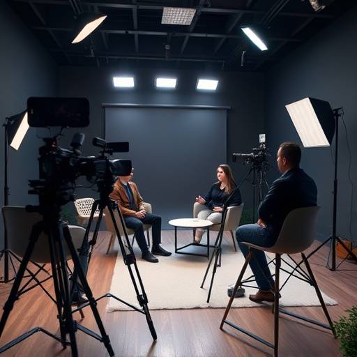 Et professionelt interviewstudie med to kameraer og belysning.