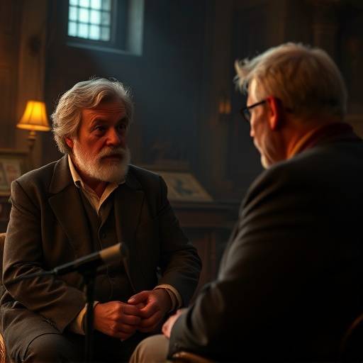 Stillbillede fra en dokumentarfilm hvor en historiker interviewes om en historisk begivenhed.