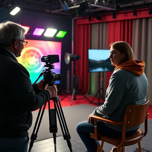 Stillbillede fra et TV-interview med en journalist og en ekspert i et farverigt studie.